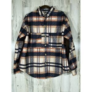Betianro Womens Flannel‎ Shirt Jacket Shacket Medium Navy Peach Cream Plaid
